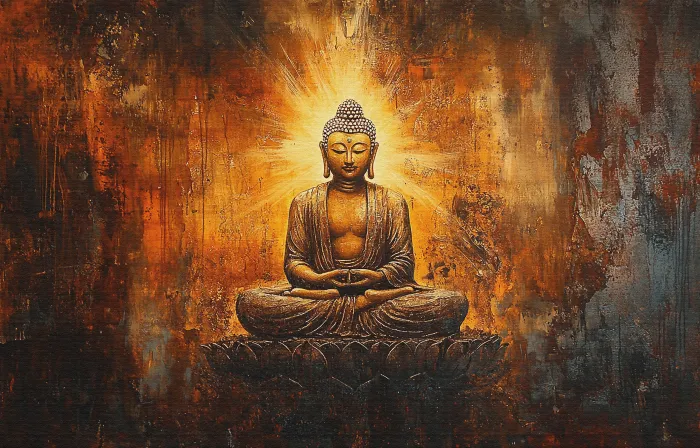 Painting of Lord Buddha in deep meditation with a glowing golden halo on a lotus seat against a textured bronze wall. | PrintPosters.in